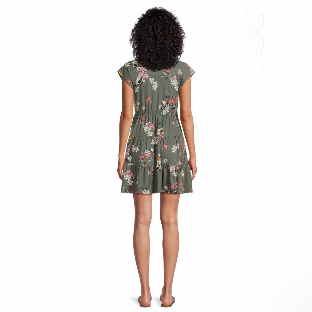 No Boundaries Women‎ XXL Floral Butterfly Tiered Babydoll Mini Dress Olive Green - Picture 3 of 6